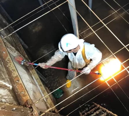 man cleaning the interior of water tank